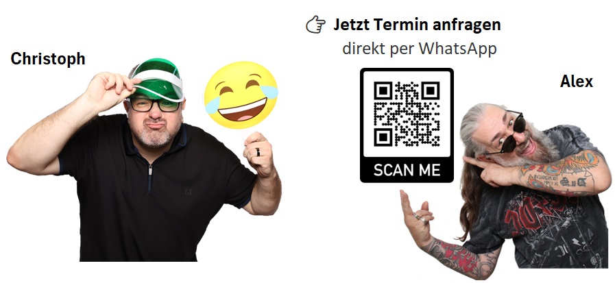 Jetzt Termin anfragen, direkt per WhatsApp – QR-Code scannen oder am Handy antippen